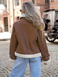 Γυναικείο δερμάτινο μπουφάν καφέ OZONEE JS/11Z8177Z