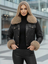 Γυναικείο δερμάτινο μπουφάν μαύρο-μπεζ OZONEE JS/61M8513/392B