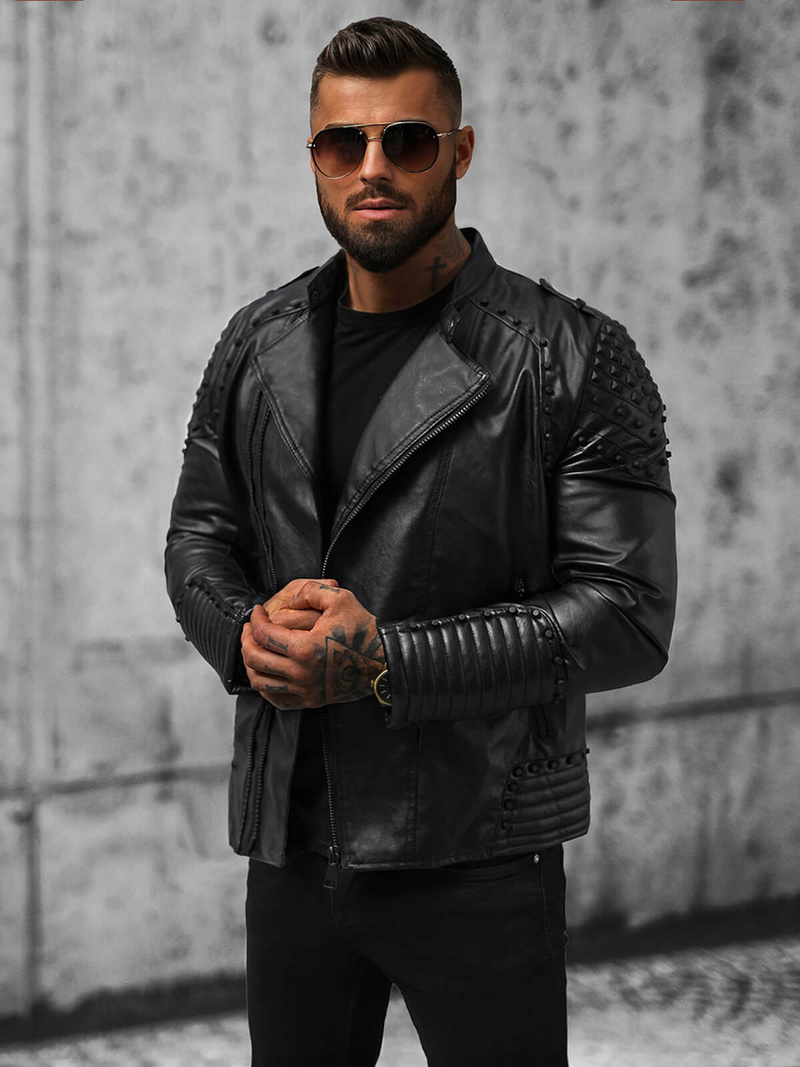 Ανδρικό δερμάτινο μπουφάν μαύρο OZONEE O/8901