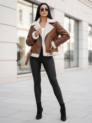 Γυναικείο δερμάτινο μπουφάν καφέ OZONEE JS/11Z8177Z