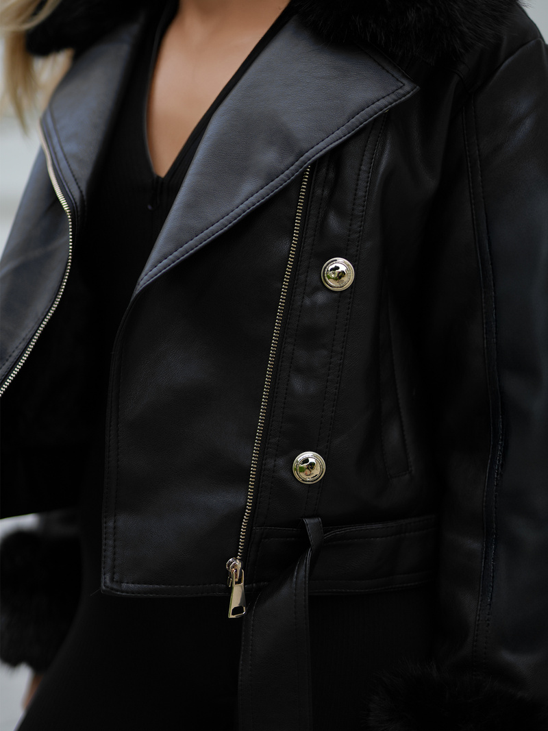 Γυναικείο δερμάτινο μπουφάν μαύρο OZONEE JS/61M8512/392A