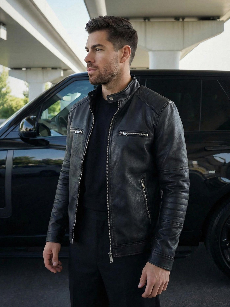 Ανδρικό δερμάτινο μπουφάν μαύρο OZONEE JS/11Z8066