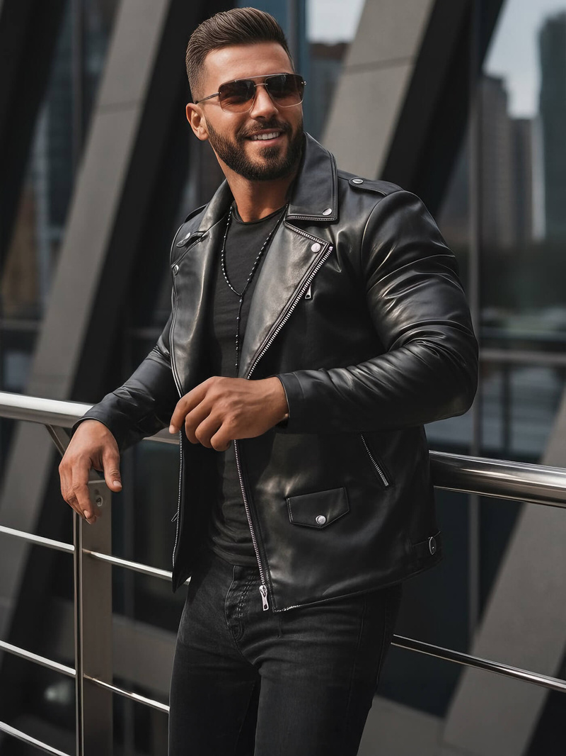 Ανδρικό δερμάτινο μπουφάν μαύρο OZONEE JS/11Z8014Z