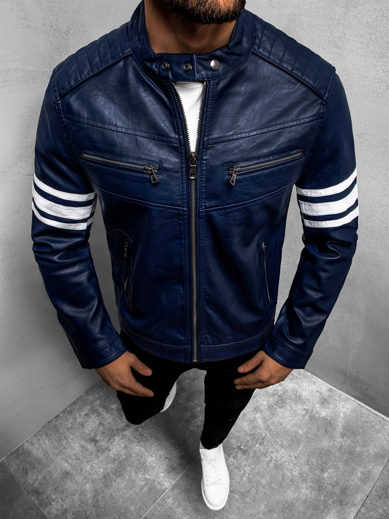Ανδρικό δερμάτινο μπουφάν ναυτικό μπλε OZONEE YD/BF59359Z