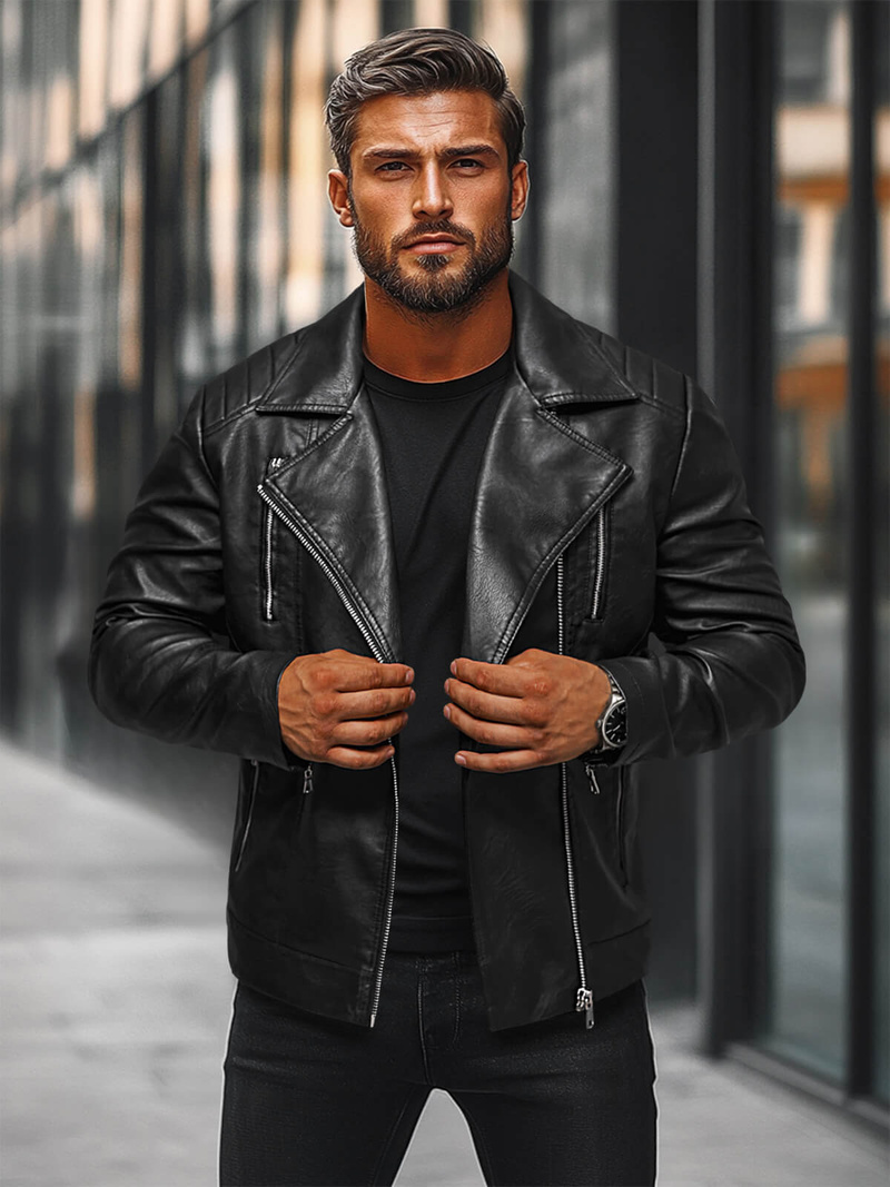 Ανδρικό δερμάτινο μπουφάν μαύρο OZONEE JS/11Z8067Z