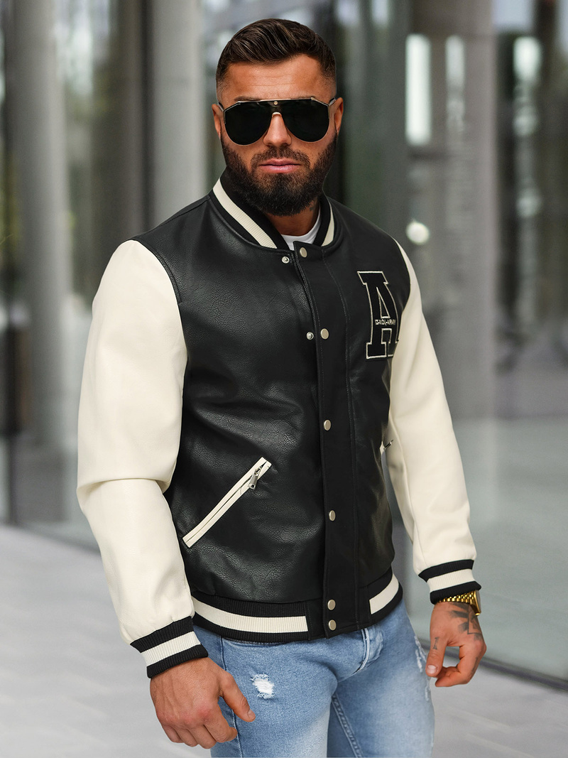 Ανδρικό δερμάτινο μπουφάν μαύρο-λευκό OZONEE JS/11Z8112Z