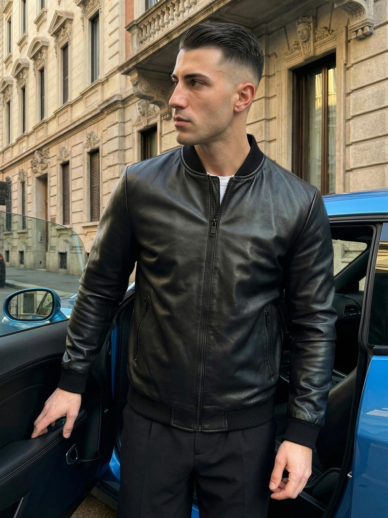 Ανδρικό δερμάτινο μπουφάν μαύρο OZONEE JS/11Z8105Z