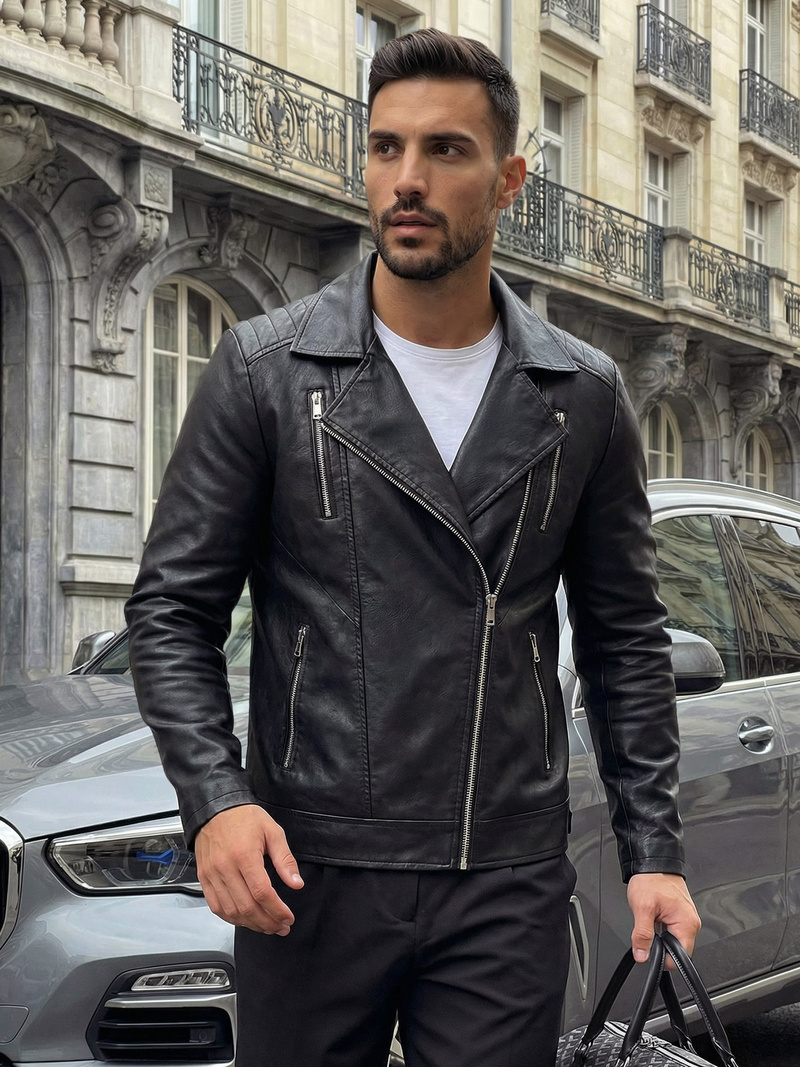 Ανδρικό δερμάτινο μπουφάν μαύρο OZONEE JS/11Z8067Z