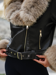 Γυναικείο δερμάτινο μπουφάν μαύρο-μπεζ OZONEE JS/61M8511/392B