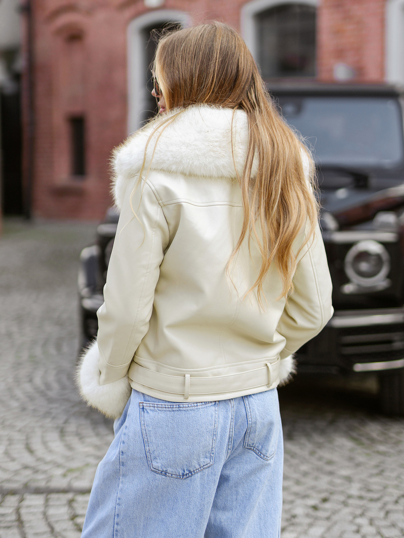 Γυναικείο δερμάτινο μπουφάν eκρού OZONEE JS/61M8507/280