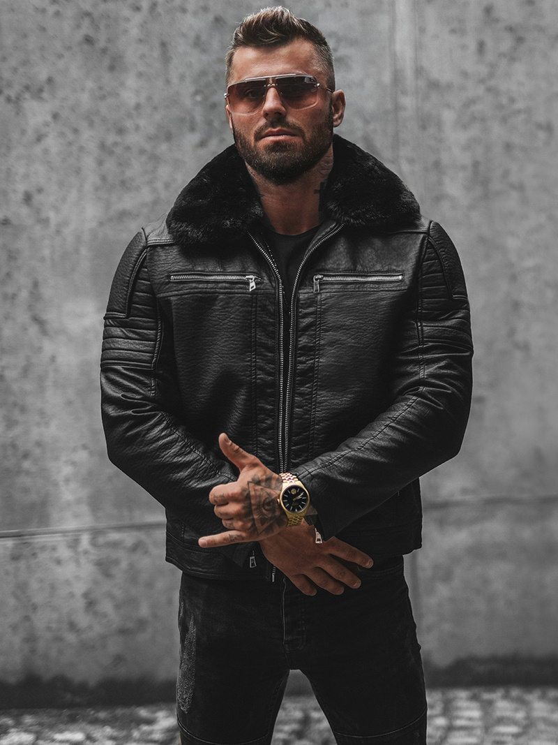 Ανδρικό δερμάτινο μπουφάν μαύρο OZONEE JS/11Z8013Z