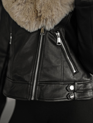 Γυναικείο δερμάτινο μπουφάν μαύρο-μπεζ OZONEE JS/61M8508/392B