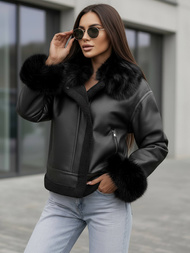 Γυναικείο δερμάτινο μπουφάν μαύρο OZONEE JS/61M8505/392Z