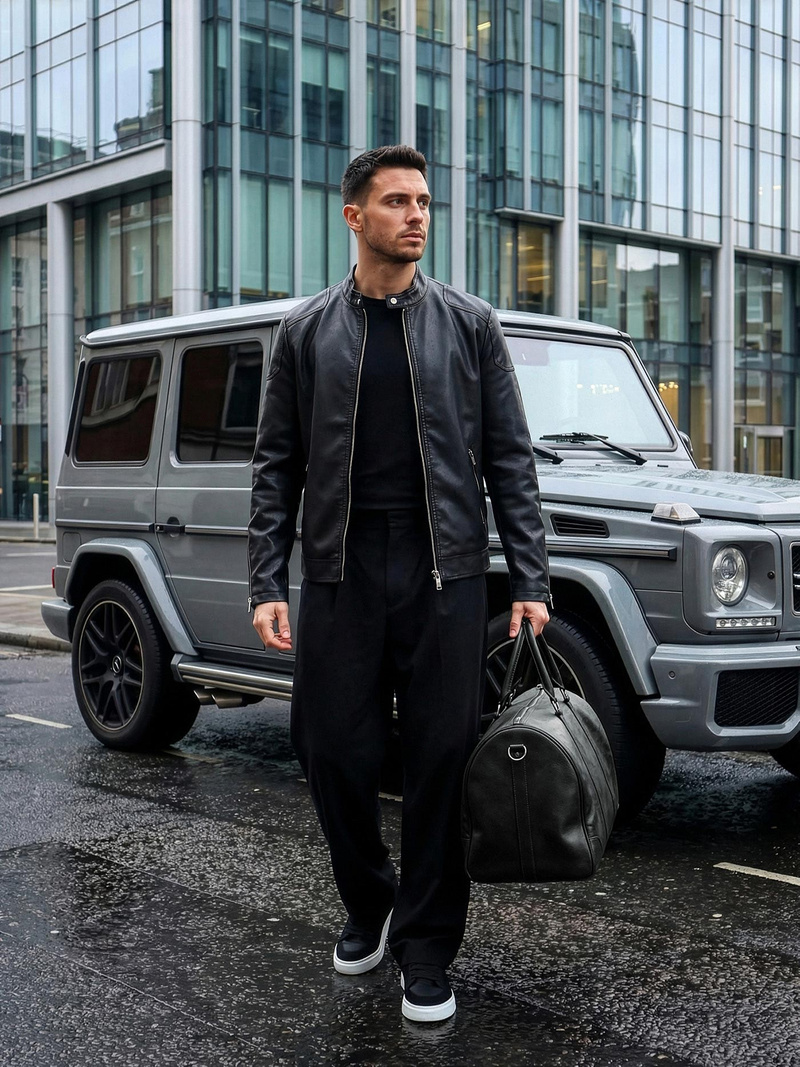 Ανδρικό δερμάτινο μπουφάν μαύρο OZONEE JS/11Z8027