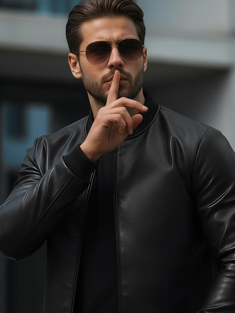 Ανδρικό δερμάτινο μπουφάν μαύρο OZONEE JS/11Z8015Z