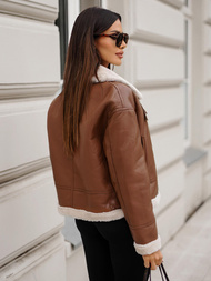 Γυναικείο δερμάτινο μπουφάν καφέ OZONEE JS/11Z8176