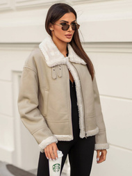 Γυναικείο δερμάτινο μπουφάν μπεζ OZONEE JS/11Z8178