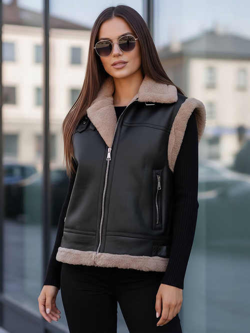 Γυναικείο δερμάτινο αμάνικο μπουφάν μαύρο OZONEE JS/61M8503/392Z