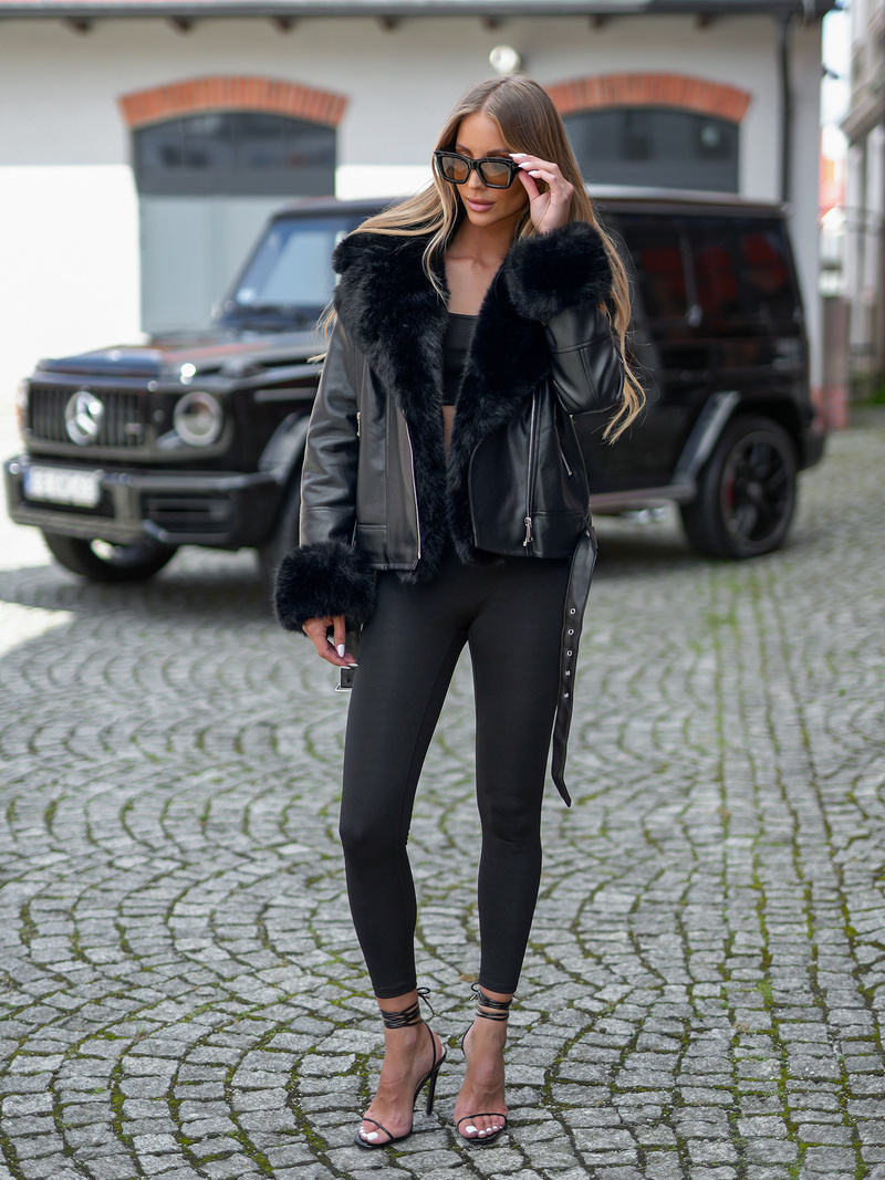 Γυναικείο δερμάτινο μπουφάν μαύρο OZONEE JS/61M8507/392A