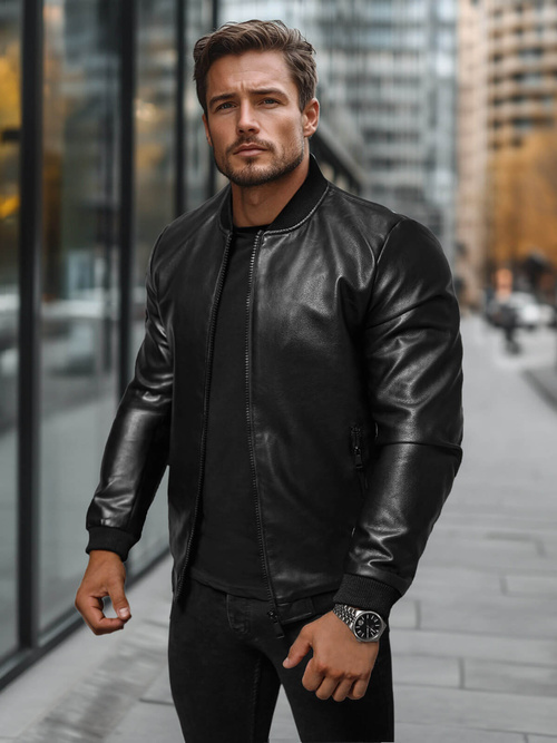 Ανδρικό δερμάτινο μπουφάν μαύρο OZONEE JS/11Z8105Z