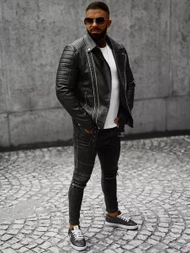 Ανδρικό δερμάτινο μπουφάν μαύρο OZONEE JS/11Z8005