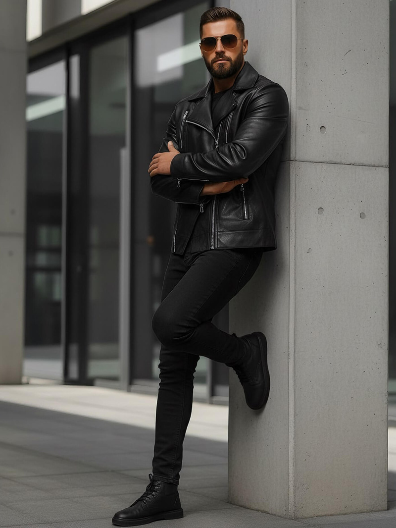 Ανδρικό δερμάτινο μπουφάν μαύρο OZONEE JS/11Z8067Z