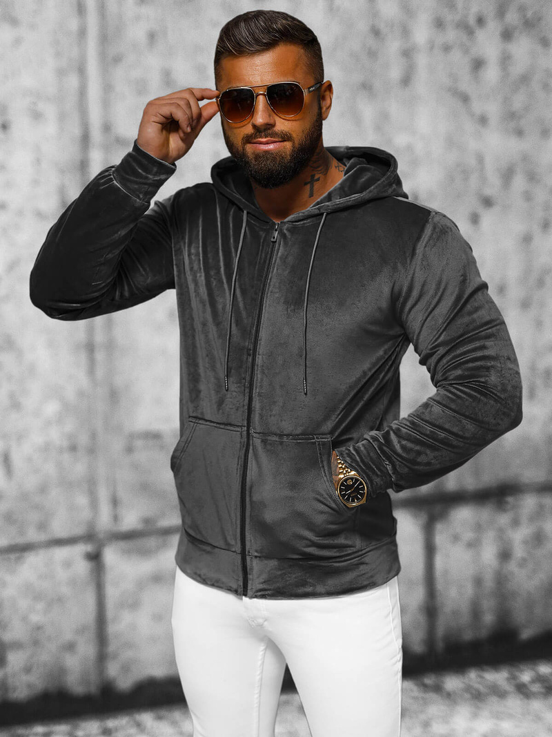 Ανδρικό βελούδινο Φούτερ με Kουκούλα γραφίτη OZONEE JS/8B1168/6