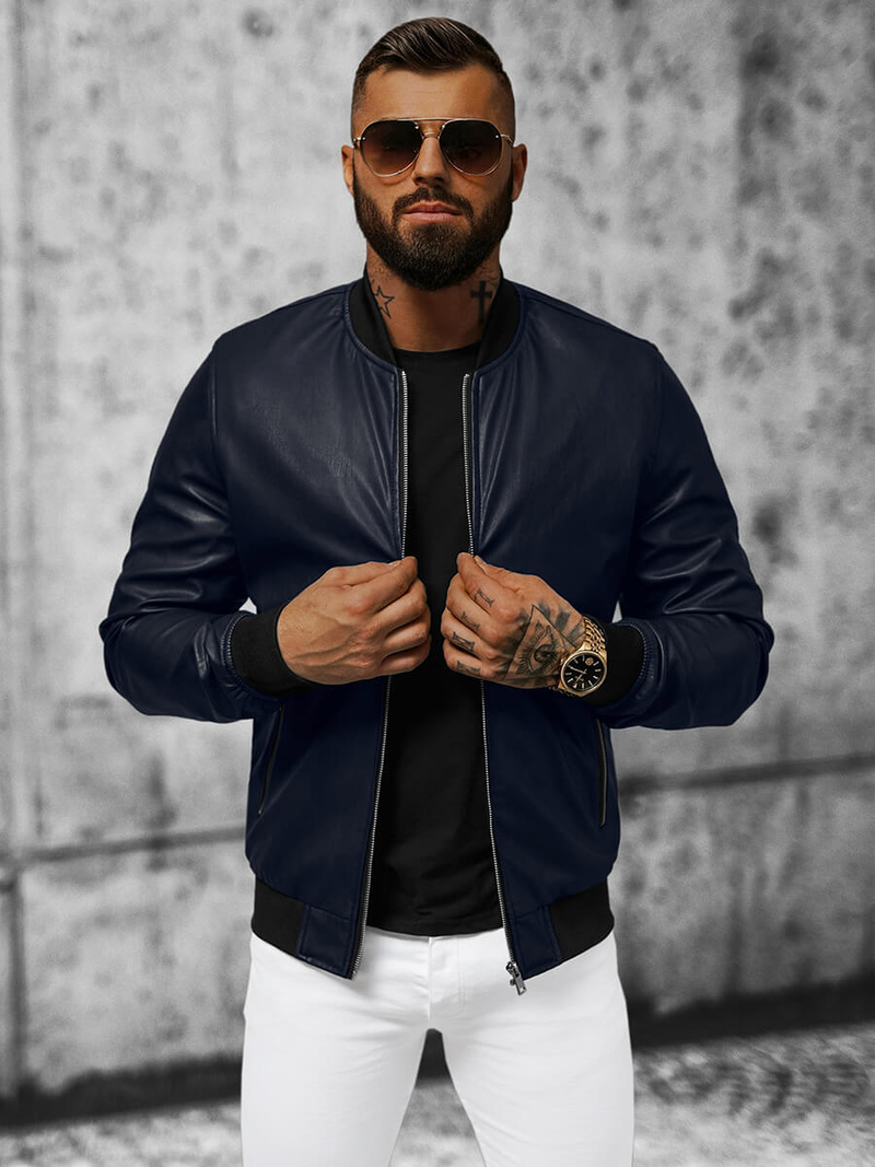 Ανδρικό δερμάτινο μπουφάν bomber ναυτικό μπλε/2 OZONEE N/6707Z