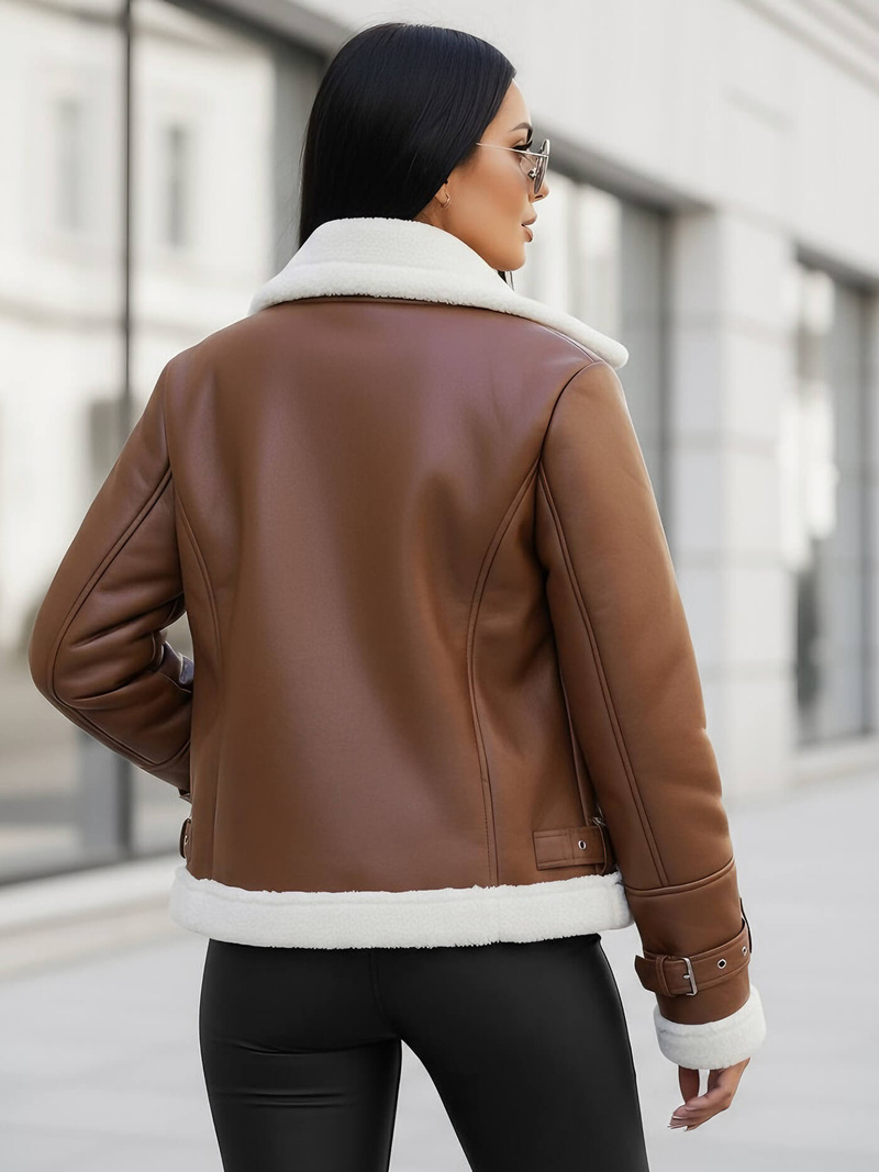 Γυναικείο δερμάτινο μπουφάν καφέ OZONEE JS/11Z8177Z