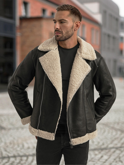 Ανδρικό δερμάτινο μπουφάν μαύρο OZONEE JS/11Z8273