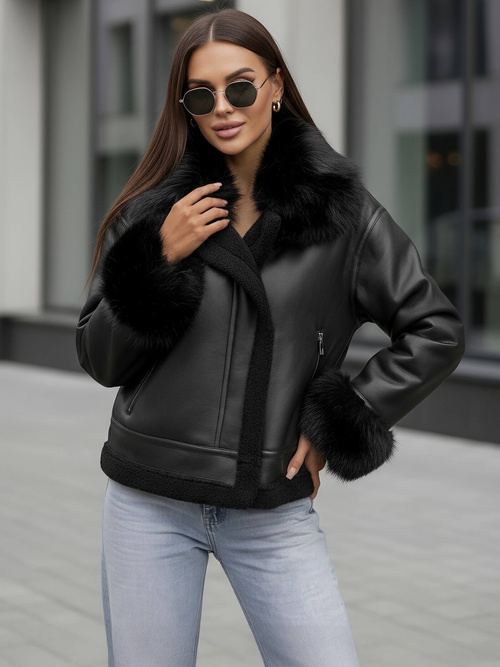 Γυναικείο δερμάτινο μπουφάν μαύρο OZONEE JS/61M8505/392Z