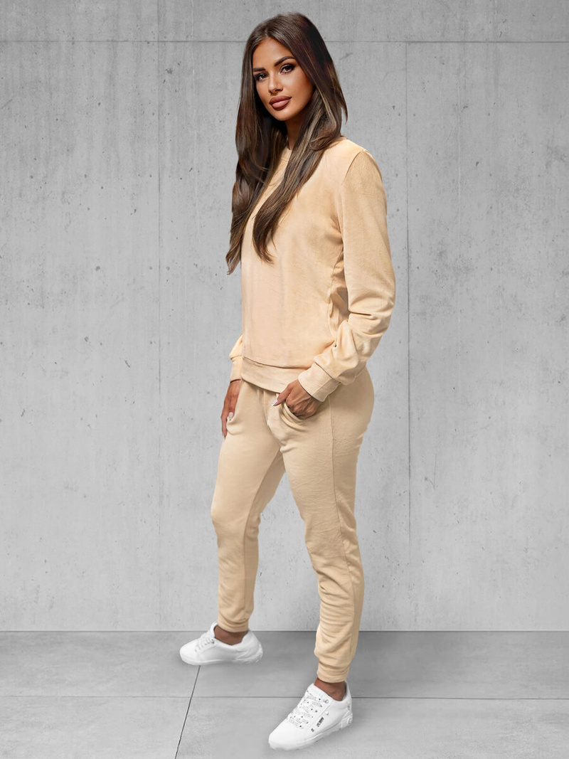 Γυναικείο βελούδινο σετ φόρμας ανοιχτό μπεζ OZONEE O/8C1173/159Z