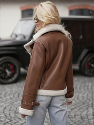 Γυναικείο δερμάτινο μπουφάν καφέ OZONEE JS/11Z8177Z