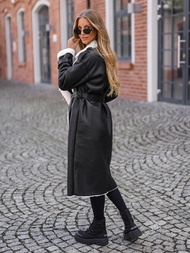 Γυναικείο δερμάτινο παλτό μαύρο OZONEE JS/11Z8253