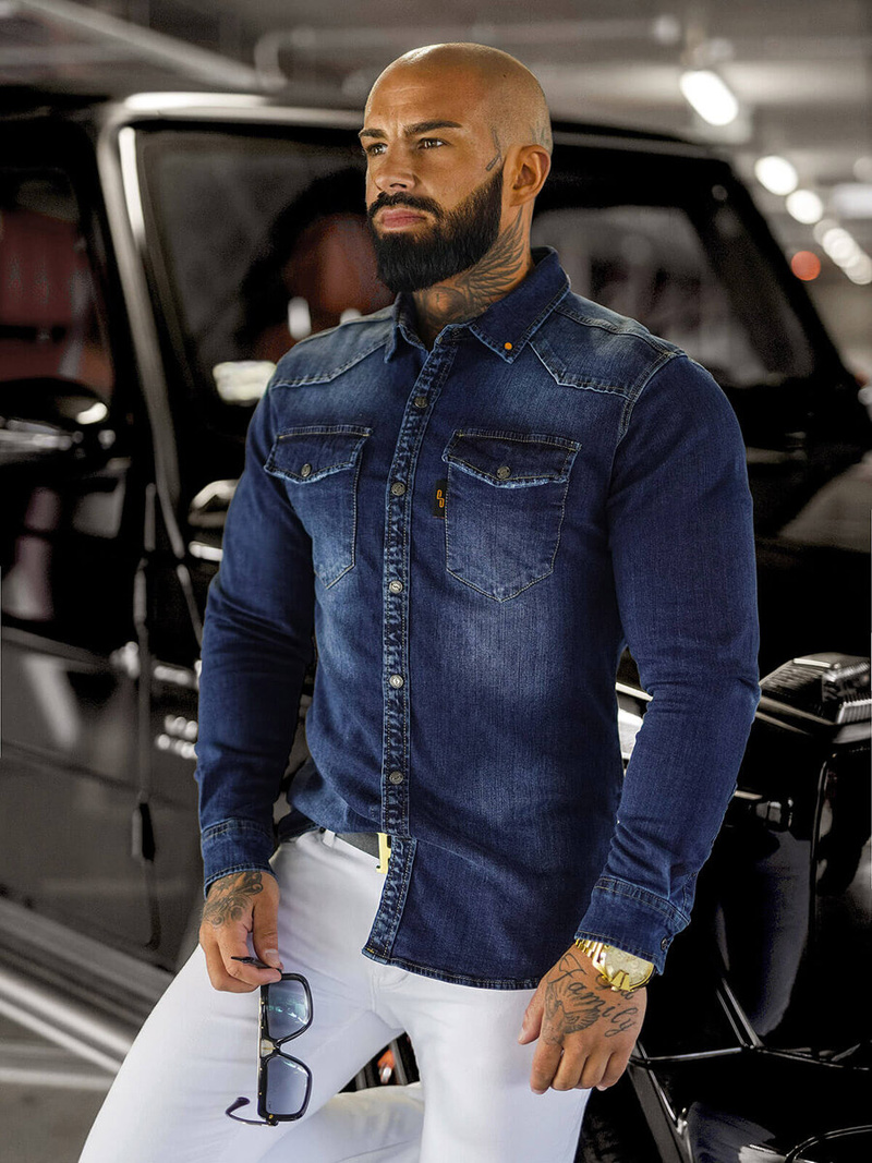 Ανδρικό τζιν πουκάμισο μπλε OZONEE O/51410