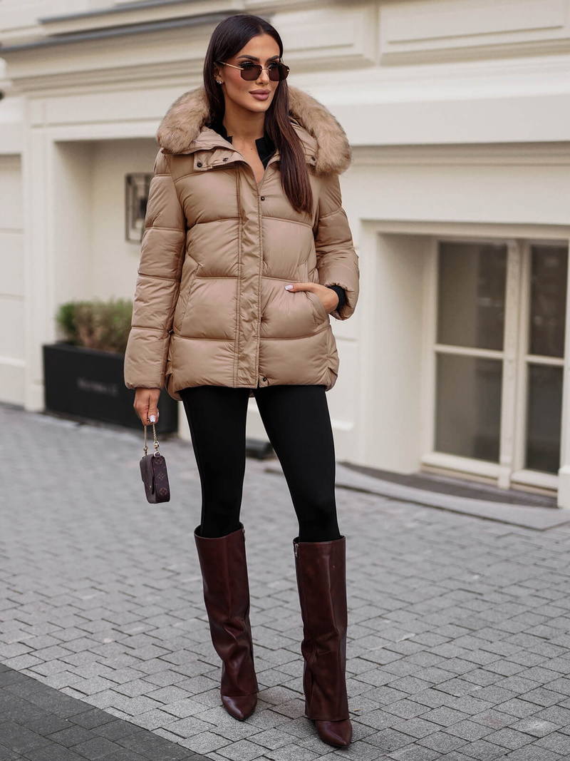 Γυναικείο χειμερινό μπουφάν kαμήλα OZONEE JS/5M3256/84