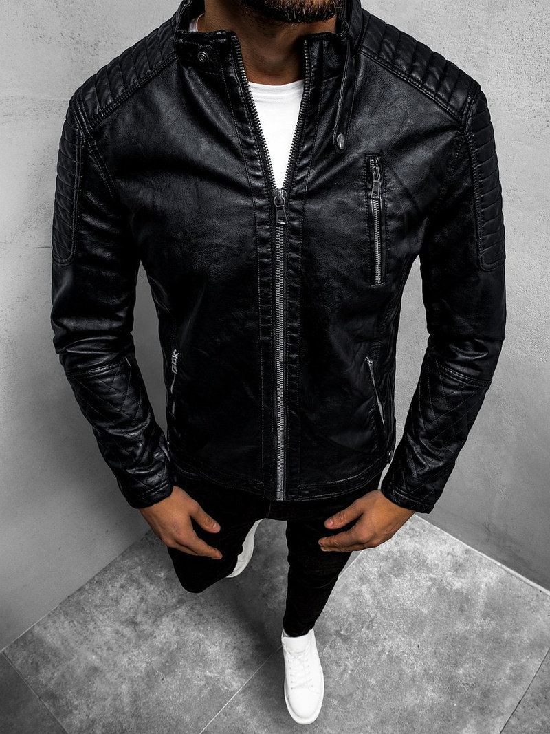 Ανδρικό δερμάτινο μπουφάν μαύρο OZONEE YD/BF5916309Z