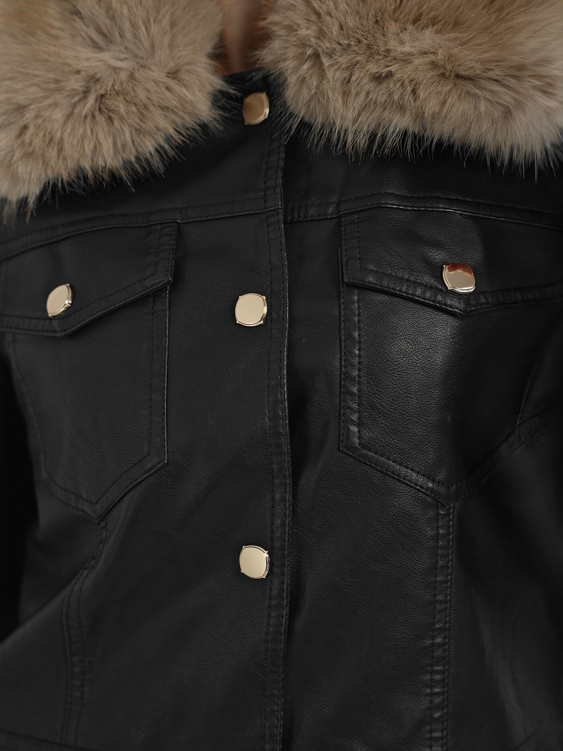 Γυναικείο δερμάτινο μπουφάν μαύρο-μπεζ OZONEE JS/61M8513/392B