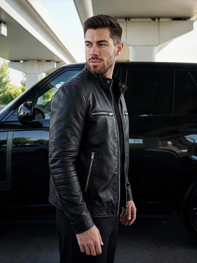 Ανδρικό δερμάτινο μπουφάν μαύρο OZONEE JS/11Z8066