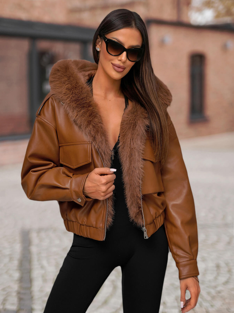 Γυναικείο δερμάτινο μπουφάν καφέ OZONEE O/G125