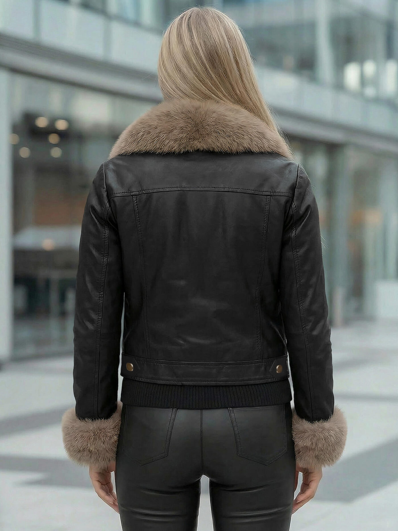 Γυναικείο δερμάτινο μπουφάν μαύρο-μπεζ OZONEE JS/61M8513/392B