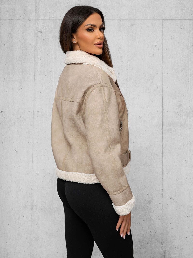 Γυναικείο δερμάτινο μπουφάν μπεζ OZONEE O/81331Z