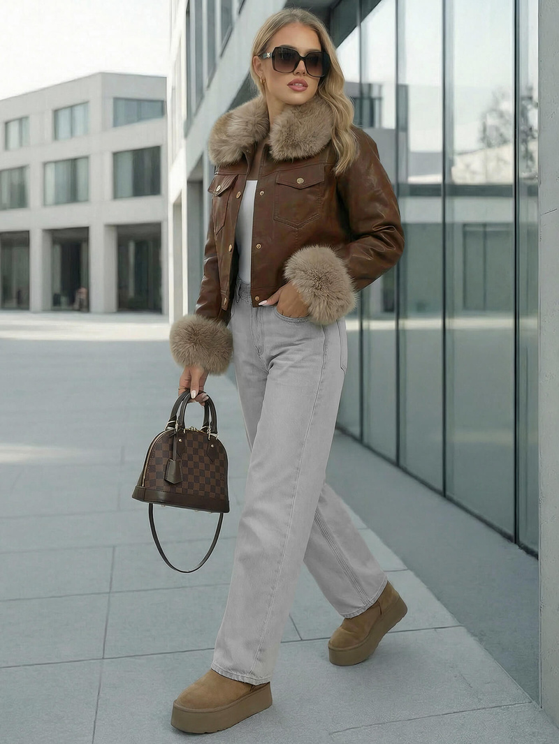 Γυναικείο δερμάτινο μπουφάν Σοκολάτα OZONEE JS/61M8513/158