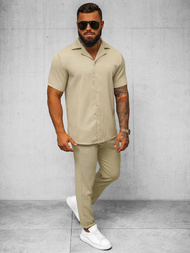 Ανδρικό πουκάμισο με κοντό μανίκι μπεζ OZONEE O/Y971T