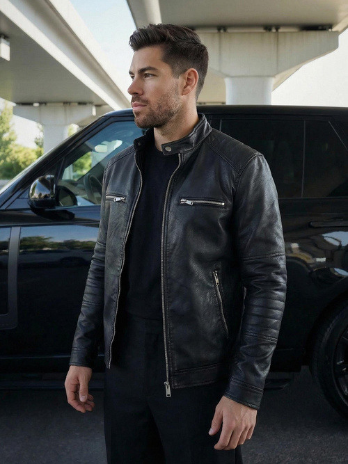 Ανδρικό δερμάτινο μπουφάν μαύρο OZONEE JS/11Z8066
