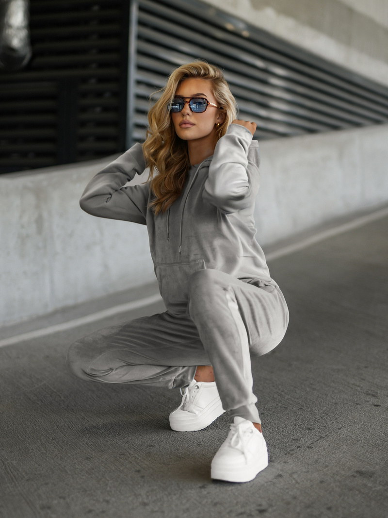 Γυναικείο βελούδινο σετ φόρμας γκρι OZONEE JS/8C1301/2