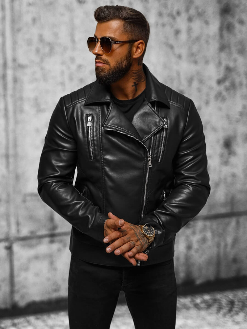 Ανδρικό δερμάτινο μπουφάν μαύρο OZONEE JS/11Z8056