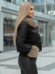 Γυναικείο δερμάτινο μπουφάν μαύρο-μπεζ OZONEE JS/61M8513/392B