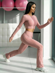 Γυναικείο κολάν με φαρδιά πόδια πούδρα ροζ OZONEE JS/17K588/7Z