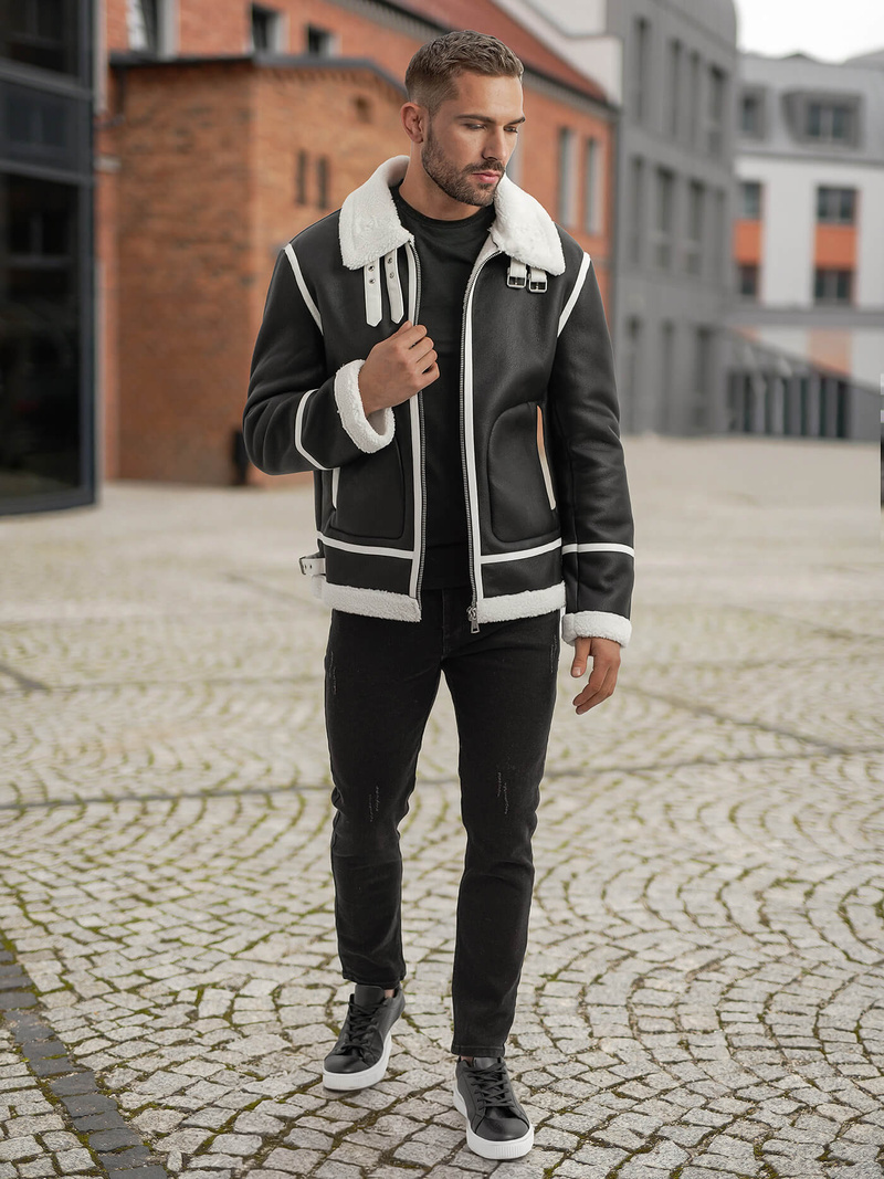 Ανδρικό δερμάτινο μπουφάν μαύρο OZONEE JS/11Z8270